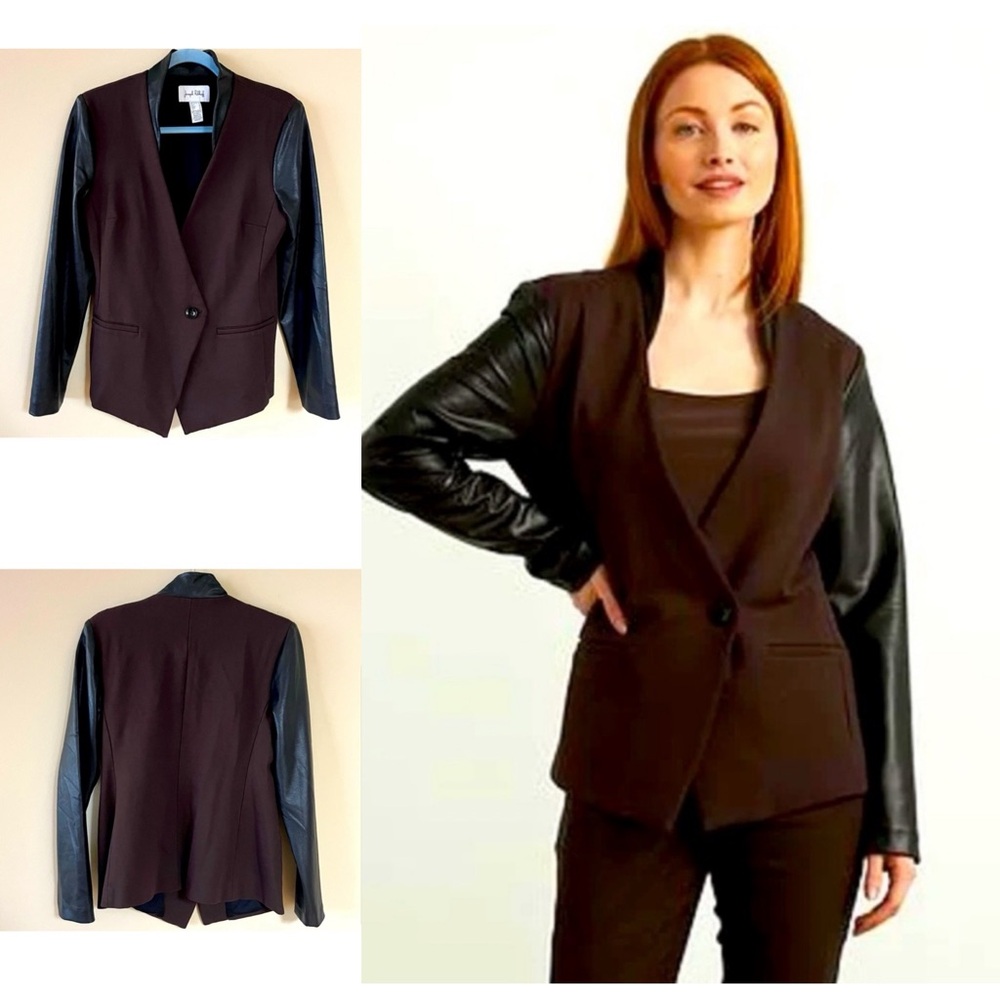 JOSEPH RIBKOFF MOCHA/BLACK FAUX LEATHER TRIM BLAZER